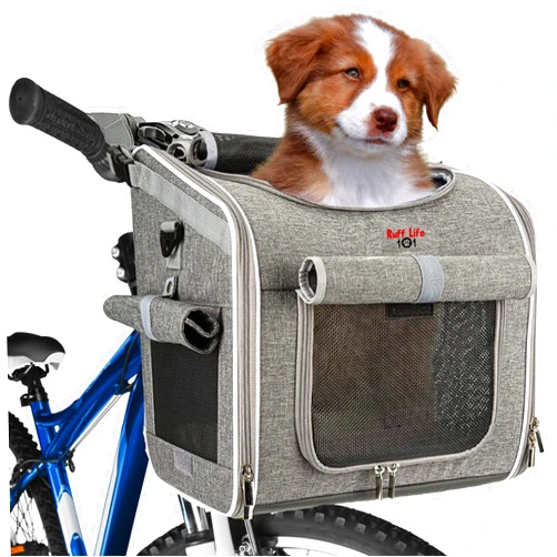 RUFF LIFE 101 Dog Bike Basket, Expandable Soft-Sided Reflective Pet Carrier Backpack with 4 Open Doors, 4 Mesh Windows for Medium Small Dog Cat Puppies (Grey)