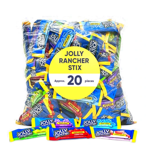 CHAIN & JO SWEETS Jolly Ranchrs Hard Candy Stix 20 Pieces - Assorted Flavors Blue Raspberry, Grape, Green Apple, Cherry & Watermelon - Individually Wrapped - Old Fashioned Hard Candy Stix - Variety Fruit Flavors