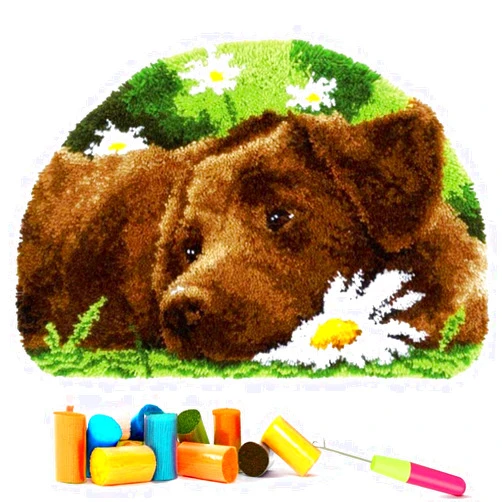 EMISTEM Latch Hook Kits for Adults - DIY Latch Hook Rug Kits for Kids, Crochet Kit for Beginners, Rug Making Kits with Printed Canvas, Gift Packaging. (Dog in Flowers,15x21)