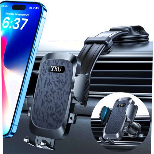 YRU [2025 Ultimate Car Phone Holder Mount [Bendable & Adjustable Aluminum Arm] Cell Phone Holder for Car Dashboard Windshield Phone Stand for iPhone 16 15 14 13 Pro Max Samsung Pickup Truck, Black
