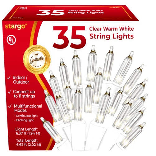 Stargo Clear Warm White Christmas Tree Lights - 6.3 ft String of 35 Incandescent Mini Bulbs Multifunctional Lighting Modes, for Decorative, Bedroom, Outdoor, Xmas Twinkle Lights with White Wire Total 6.6 ft