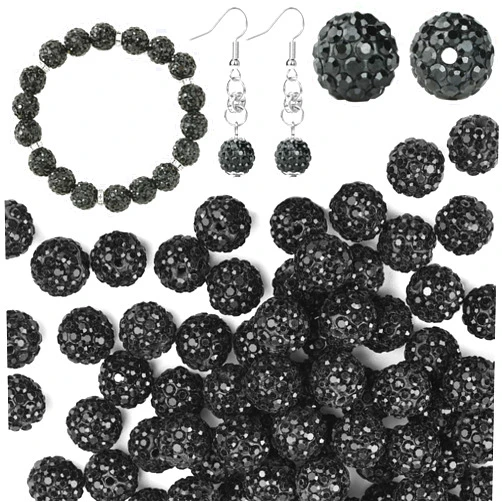 U-LIAN 100 pcs 10mm Rhinestone Beads Black Shiny Round Disco Ball Beads Bulk Polymer Clay Rhinestone Beads Round Crystal Diamond Beads for Bracelet Necklace Earring Jewelry Making