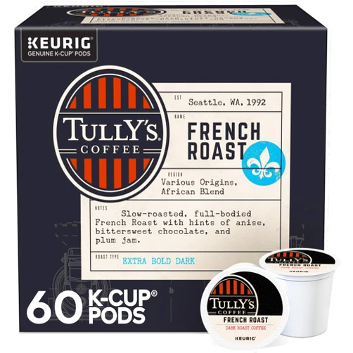 Tully's Coffee French Roast, Keurig Single Serve K-Cup Pods, Dark Roast Coffee, 60 Count, (6 Packs of 10)
