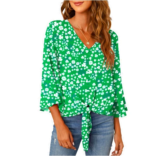 VIISHOW Women's Button V Neck Chiffon Tops 3/4 Bell Sleeve Tie Knot Casual Blouses Loose Summer Shirts