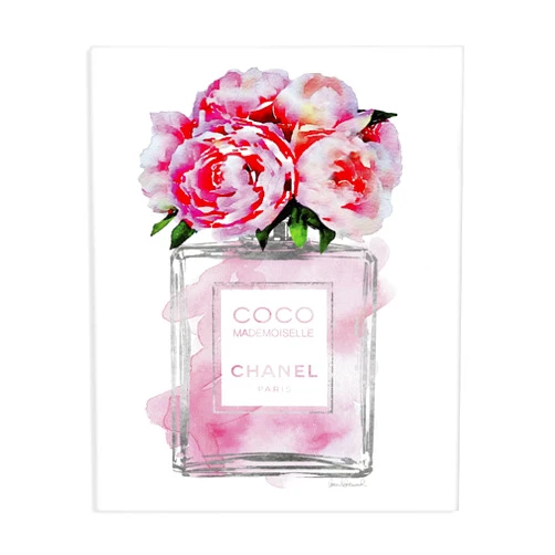 Stupell Industries Glam Perfume Bottle V2 Flower Silver Pink Peony Stretched Canvas Wall Art, Proudly Made in USA