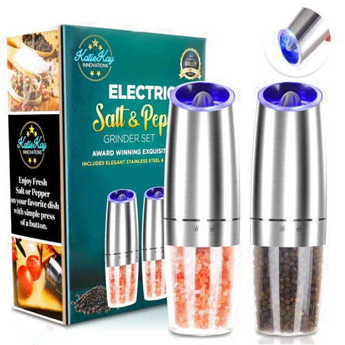 JOBKIM& Electric Salt and Pepper Grinder set of 2, Automatic Salt and Pepper Mill Grinder, Adjustable Roughness, Battery Powered with Blue LED Light, Stainless Steel with One Hand Operation (Sliver)