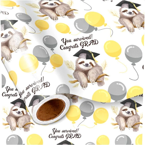 LeZakaa Graduation Funny Wrapping Paper Roll, Sloth Wearing Graduation Caps, Balloon, You Survived! Congrats Grad! Bold Text, Gift Wrapping for Graduates, 17inches x 16.4Feet