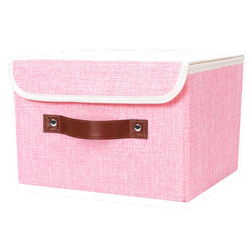 ANMINY Storage Bin with Lid Storage Boxes with PU Leather Handles PP Plastic Board Decorative Foldable Lidded Cotton Linen Fabric Home Cubes Baskets Closet Organizer Container - Pink, Small Size