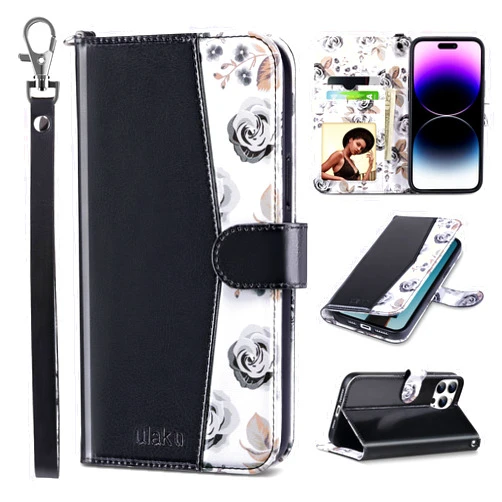 ULAK Compatible with iPhone 14 Pro Wallet Case with Card Holder, Flip iPhone 14 Pro Case for Women Girls Flower PU Leather Kickstand Wristlet Shockproof Phone Case for iPhone 14 Pro 6.1'', Black