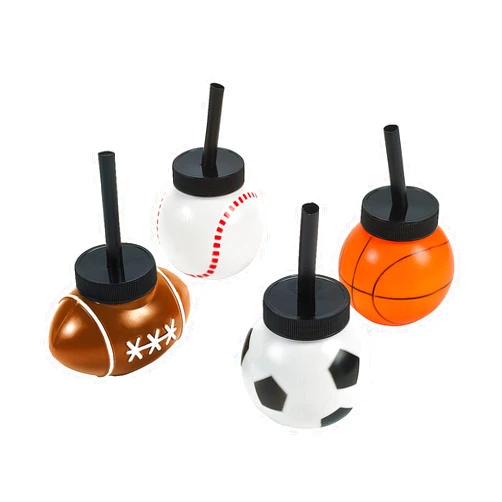 Fun Express 8 oz. Sport Ball Reusable BPA-Free Plastic Cups with Lids & Straws - 12 Cups - Great for Sporting and Birthday Party Events