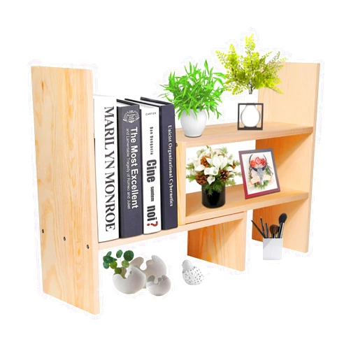 Flexzion Natural Wooden Desktop Shelf Wood Caddy Desk Organizer Set Office Storage Adjustable Expandable Tabletop Accessory Sorter Bookcase Display Stand Rack (Beige)