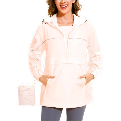 Avoogue Raincoat Women Reflective Waterproof Rain Jackets Half Zipper Packable Outdoor Hooded Windbreaker Lined Jacket