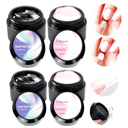 U-Shinein 4x10ml Solid Nail Glue Gel, Clear and Pink Nail Tips Glue Gel for Acrylic Nails, Press on Nails Solid Glue Gel, Nails Rhinestone Glue Gel Need UV/LED Lamp Longer Cure