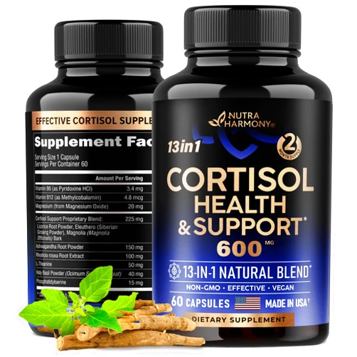 NUTRAHARMONY Cortisol Supplement - 13-in-1 Hormone Balance for Women 600 mg - Made in USA Supplement - Mood, Focus, Sleep Support - Vegan, Non-GMO, Natural Pills - 60 Capsules, 2 Month Supply