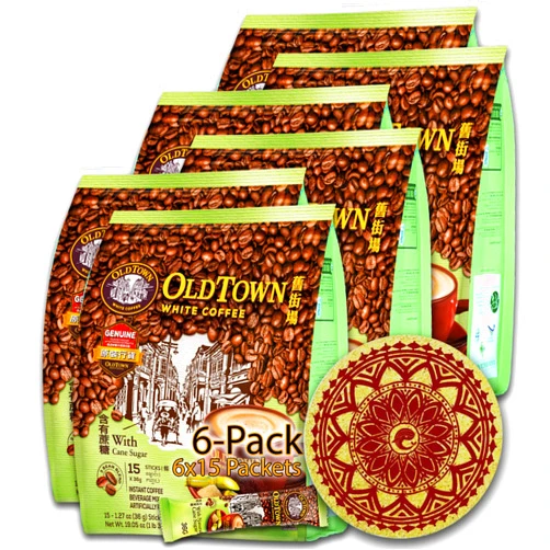 WHALEVER (5-Pack Cane Sugar) OLD TOWN (3 in 1) Cane Sugar White Coffee Asian Instant Coffee Coffee Lover Package with a Eco Friendly Cork Coaster Coffee Lover WHALEVER Package, oldtown White Coffee 75 Packets