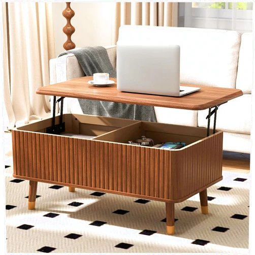 JOINICE Lift Top Coffee Table with Storage Shelf & Hidden Compartment, Mid Century Modern Fluted Rectangle Dining Table for Living Room, Home Office, Walnut
