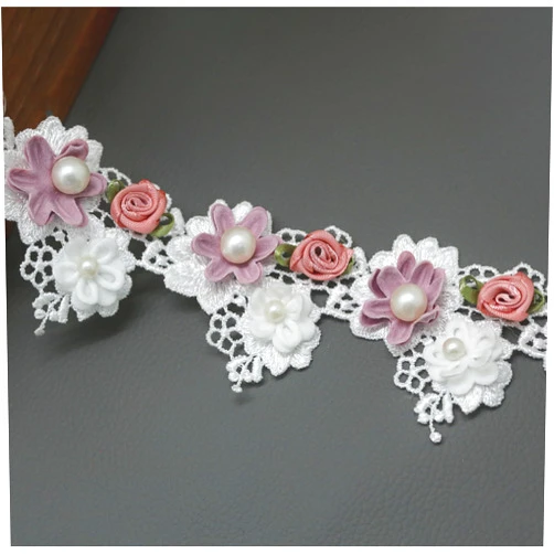 FQTANJU 1 Yard 5.5cm Pearl Lace Trim Flower Pearl Beads Lace Edge Trim Ribbon Vintage Style Apricot Trimmings Edging Fabric Embroidered Applique Sewing Craft Wedding Bridal Dress Decor (White)