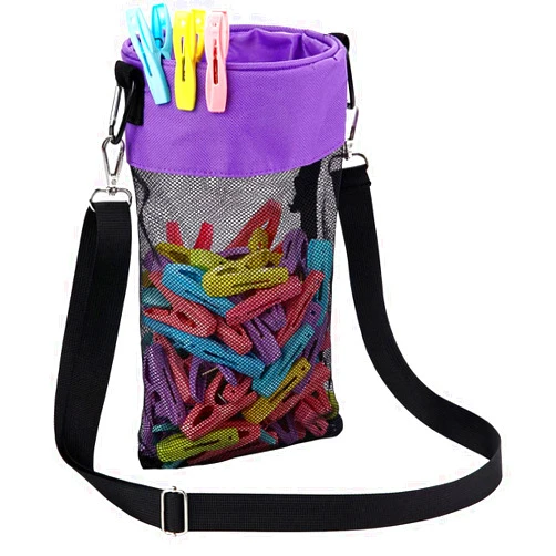 AFUOWER Mesh Clothespin Bag with Hooks Hanging Clothes Pin Bag with Drawstring Closure Clothespin Holder, Ventilation and Moisture Resistance, Storage Organizer Bag, Machine Washable (Purple)