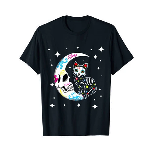 Bone Animal Lover Floral Día De Los Muertos Gift Animal Cat And Moon Souls Day Of Dead Dia De Los Muertos T-Shirt