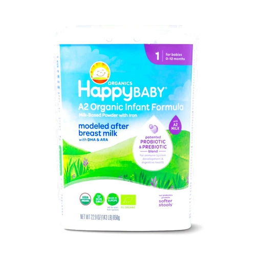 Happy Baby Organics Stage 1 A2 Infant Formula, 0-12 Months, Milk Based Organic Baby Formula Powder with A2 Milk, Probiotics & Prebiotics for Immune & Digestive Support, 22.9 Ounce (Pack of 1)