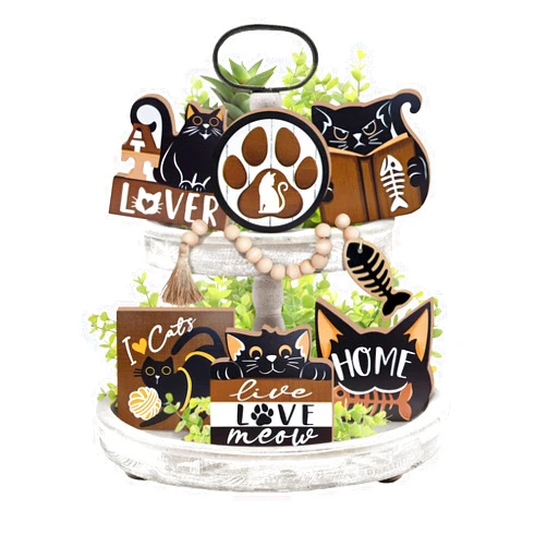 Guoofu Black Cat Tiered Tray Decor, Love Pet Kitten Paw Tray Decorations Set, Live Love Meow Book Stack Wooden Signs, Farmhouse Rustic Home Decor Cat Lover Gifts for Table Shelf Mantel Party