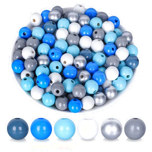 Whaline 240Pcs Winter Blue Wood Beads Christmas Silver White Blue Wood Craft Beads Rustic Farmhouse Loose Beads Tiered Tray Decor Garland for Winter DIY Making Bracelet Necklace Home Decor, 6 Styles