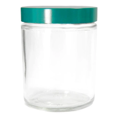 Qorpak GLC-01692 Clear Glass Round 480mL Type III Straight Sided Jar, with Green Thermoset F217 and PTFE Lined Cap (Case of 12)