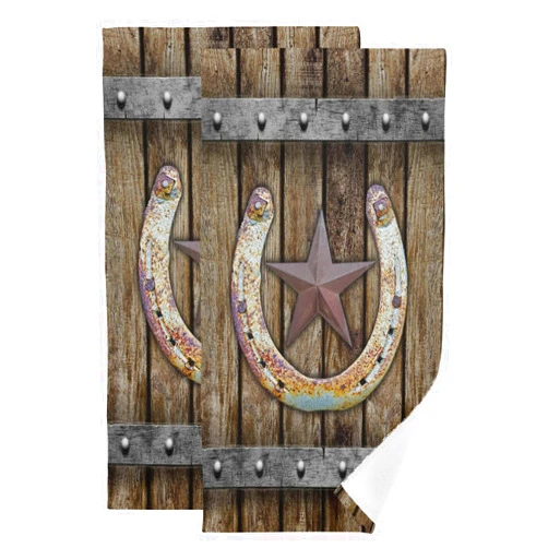 KENADVI Rustic Texas Star Hand Towels Set of 2,Soft Absorben Rusty Horseshoe Western Brown Wooden Barn Kitchen Dish Towels,Farmhouse Decorative Hand Towels for Bathroom,Shower,Face,Hair,Guest 14