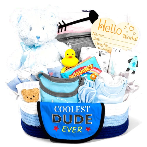 IAOVUEBY Baby Gift Set for Newborn, New Baby Boy Gift Basket, Newborn Essentials Hat Onesie Bear Toys Keepsake Blanket Infant Diaper Changing Pad Bibs, Baby Shower Gifts for Boys