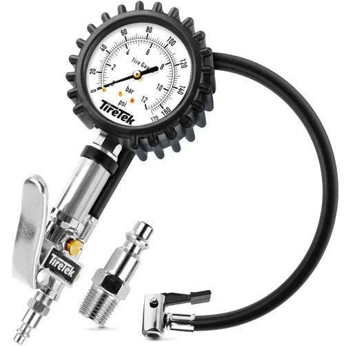 TIRETEK Tire Pressure Gauge for Cars (0-170 PSI, ANSI Certified) Professional Inflator with Secure Air Chuck, Tire Gauge for Pressure, Air Compressor Attachment Inflator Nozzle Low PSI Checker Tester