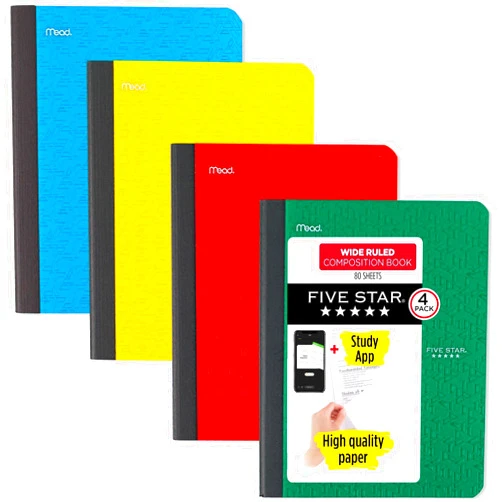 Five Star Composition Books + Study App, 4 Pack, Wide Ruled Paper, 9-3/4