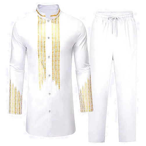 Generic Kaftan for Men Muslim Wrinkle Two Cardigan Pants Set Men's Formal Robe Arab Robe Gown Saudi Islamic Muslim Dress