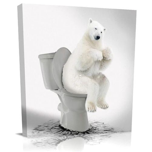 Custom Bed USA Canvas Wall Art Funny Animals Picture Prints, 16x16 inch Oil Painting Artwork Wood Gallery and Framed for Bathroom Wall Decor, Polar Bear Sitting on the Toilet