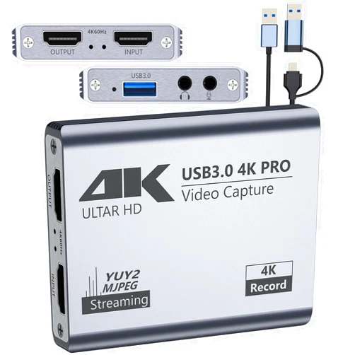 BINZET Video Capture Card, USB 3.0 High-Speed Interface, 1080P 60FPS/2K 30FPS/4K 18FPS Game Capture Recording, Compatible for PS5/Switch/Xbox/Camera/PC/OBS, Supports 4K 60FPS HDMI Loop-Out & Microphone Input