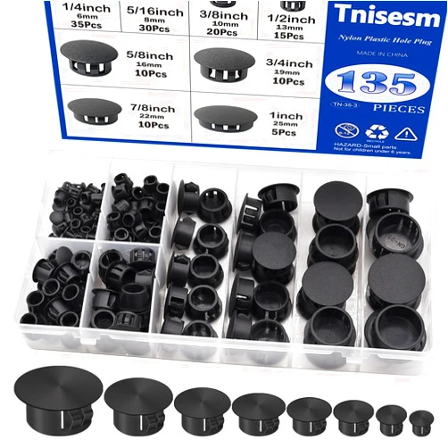 Tnisesm 135Pcs 8 Sizes Nylon Plastic Hole Plugs Black 1/4