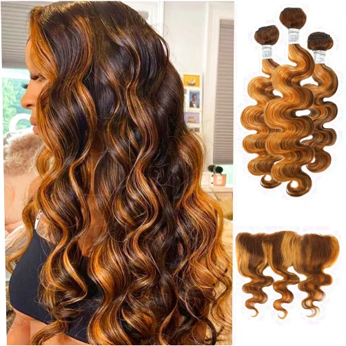 ALHER 4/27 Honey Blonde Highlight Human Hair Bundles With Frontal Closure Body Wave, 10A Balayage Ombre Brown 3 Bundles With 13x4 HD Transparent Lace Frontals Baby Hair 100% Remy Hair 14 16 18+14 IN