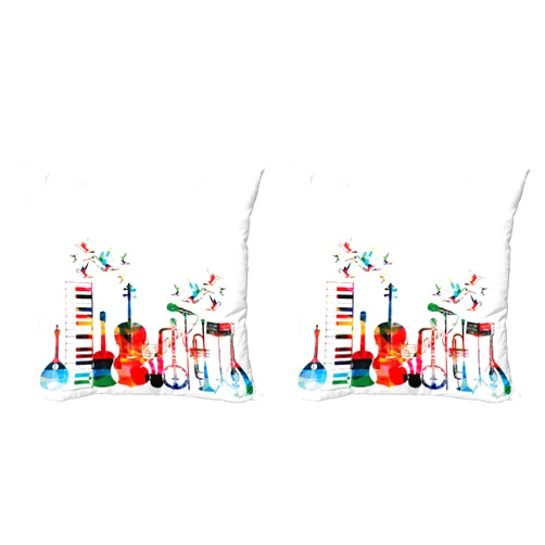 Ambesonne Music Decorative Throw Pillow Case Pack of 2, Colorful Musical Instruments Keyboard Guitar Banjo Trumpet Cello and Flying Birds, Couch Bedroom Living Room Cushion Cover, 18
