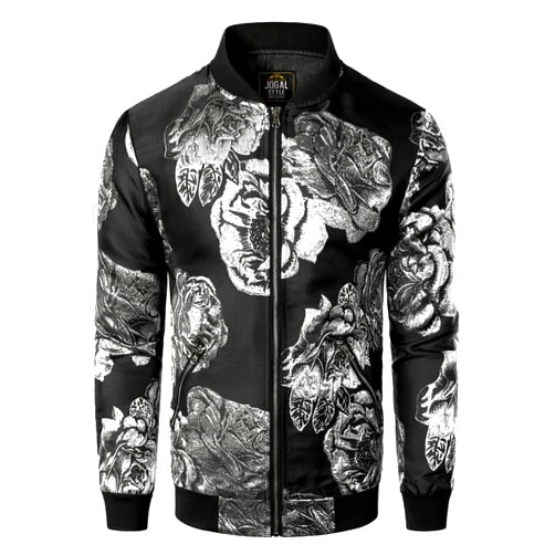 JOGAL Men's Luxury Paisley Floral Embroidered Satin Bomber Jacket