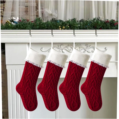 Vanteriam 18 in Knit Christmas Stockings, 4 Pack Large Cable Knitted Xmas Stocking for Holiday Christmas Party Family Décor, Burgundy & White
