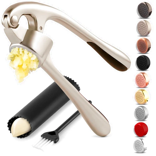 Zulay Kitchen Premium Garlic Press Set - Rust Proof & Dishwasher Safe Professional Garlic Mincer Tool - Easy-Squeeze, Easy-Clean with Soft, Ergonomic Handle - Silicone Garlic Peeler & Brush (Silver)