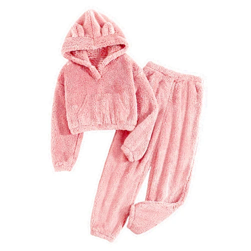 Shallmu Girls Fuzzy Bear Ear Plaid Hoodie Pullover Sweatshirt with Pocket Sweatpants Fall Winter 2 Piece Outfits