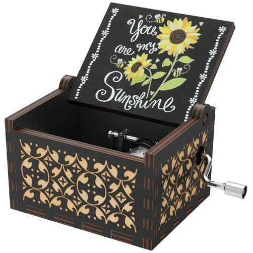 Huntmic You are My Sunshine Sunflowers Music Boxes,Wooden Hand Crank Engarved Antique Musical Box Gift for Children/Friends/Lovers/Mother,Valentine/Birthday/Christmas Day Presents (Black-A), HT-08