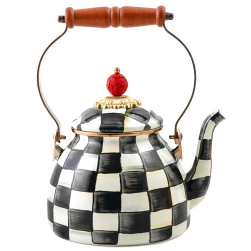 MACKENZIE-CHILDS Enamel Tea Kettle, Stylish Tea Kettle for Stovetop, Black-and-White Courtly Check, 2 Quarts