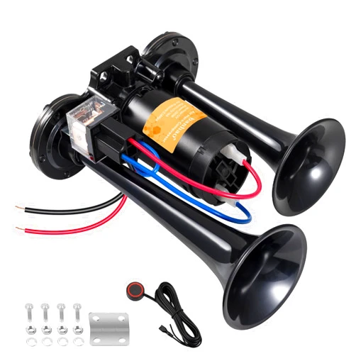 Banhao Car Horn 12V Universal Air Horns Train Horn for Truck 150dB Super Loud Air Horn Dual Trumpets With Compressor kit for Any 12V Vehicles (Black Air Horn with Switch Button)
