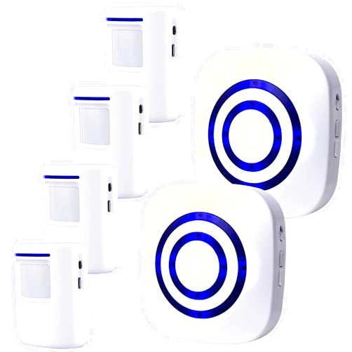 BESTOONE Motion Sensor Alarm, Long Range Wireless Driveway Alarm, Indoor Home Security System Electric Doorbells, 4 Motion Detector and 2 Alarm, 38 Chime Tunes, LED Indicator