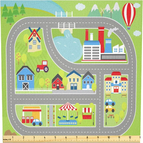Ambesonne Car Race Track Fabric by The Yard, Roadway Activity Sunny City Landscape Illustration with Farm Factory, Microfiber Fabric for Arts and Crafts Textiles & Decor, 1 Yard, Green Grey