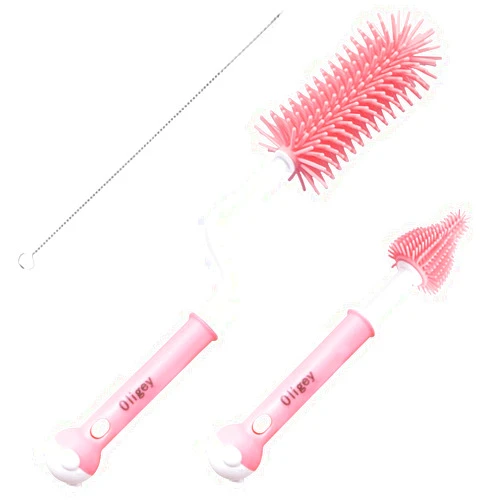 Oligey Silicone Baby Bottle Brush Set Cleans Deep Container Nipple or Straw with Rotation Long Handle,3 in 1 Rubber Cleaning Kits Wash Infant Pacifier Teat Nozzle or Breast Pump by Spinning lug