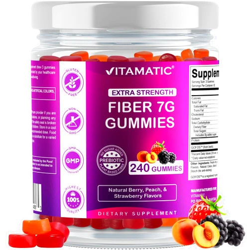 Vitamatic Prebiotic Fiber Gummies for Adults, 7G Extra Strength, Zero Sugar Added, 240 Pectin Based Gummies, Digestive Health & Regularity Support