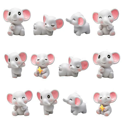 Pinenjoy 12Pcs Mini Elephant Figurines Miniature Resin Baby Elephant Figures Cute Cake Toppers for DIY Micro Moss Landscapes Terrarium Fairy Garden Birthday Party Decorations