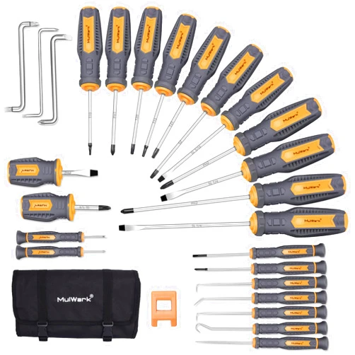 MulWark Magnetic Screwdriver Set Kit, Precision & Stubby & Angled Offset Screw Driver, Pick & Hook Kit | Roll Bag | Torx Star Phillips Flat Square Head Driversets